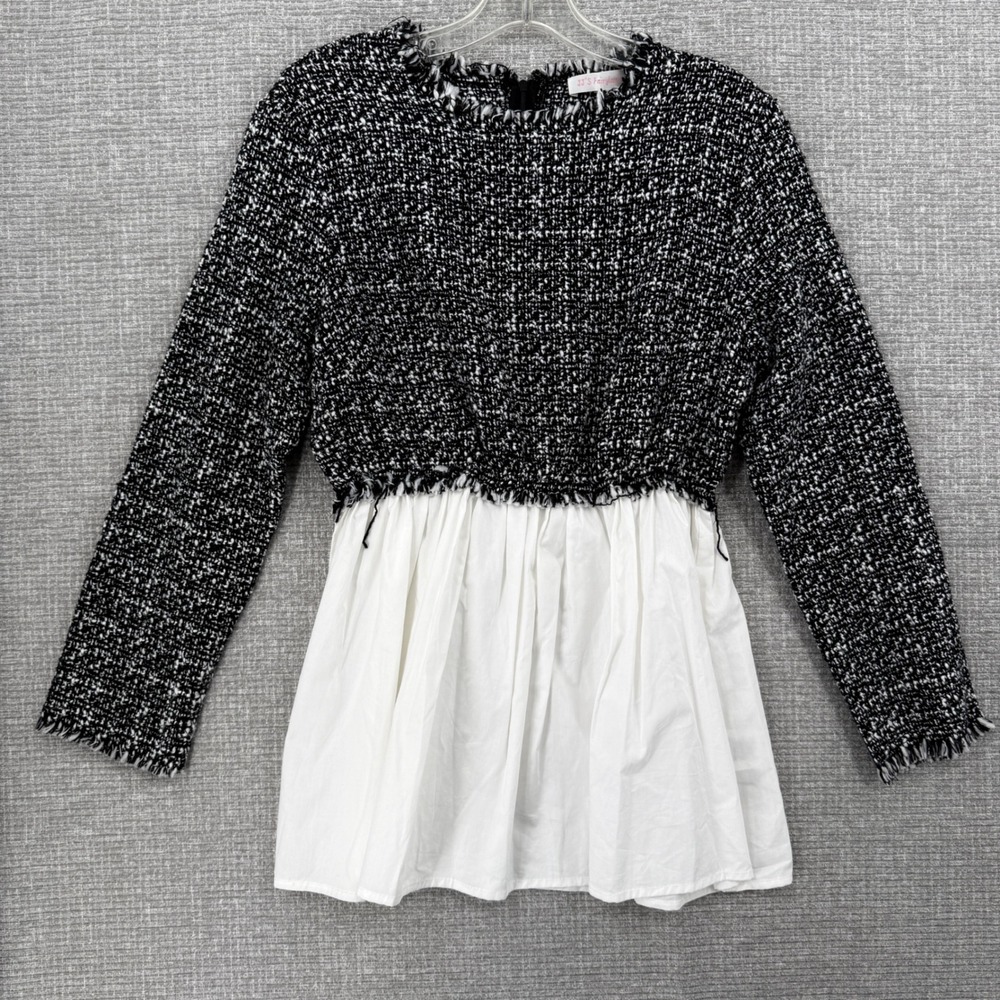 JJ's Fairyland Peplum‎ Tweed Top Women Size M Black White Fringed Hem Coquette